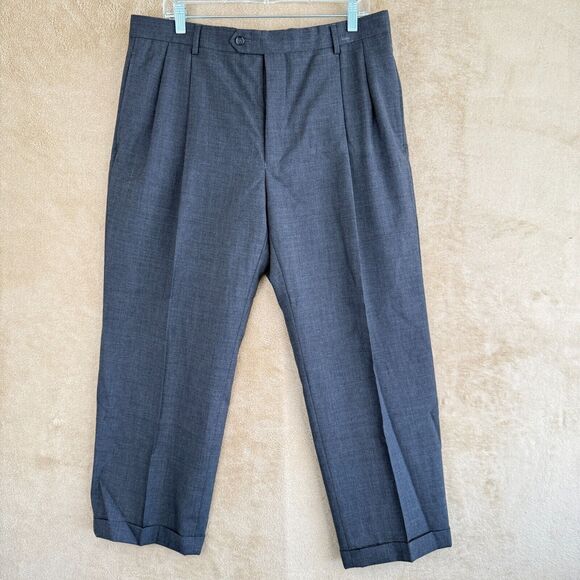 Mens‎ Dress Pants Dark Gray Herringbone 36 x 24 Pleated Cuffed Business - Picture 1 of 12